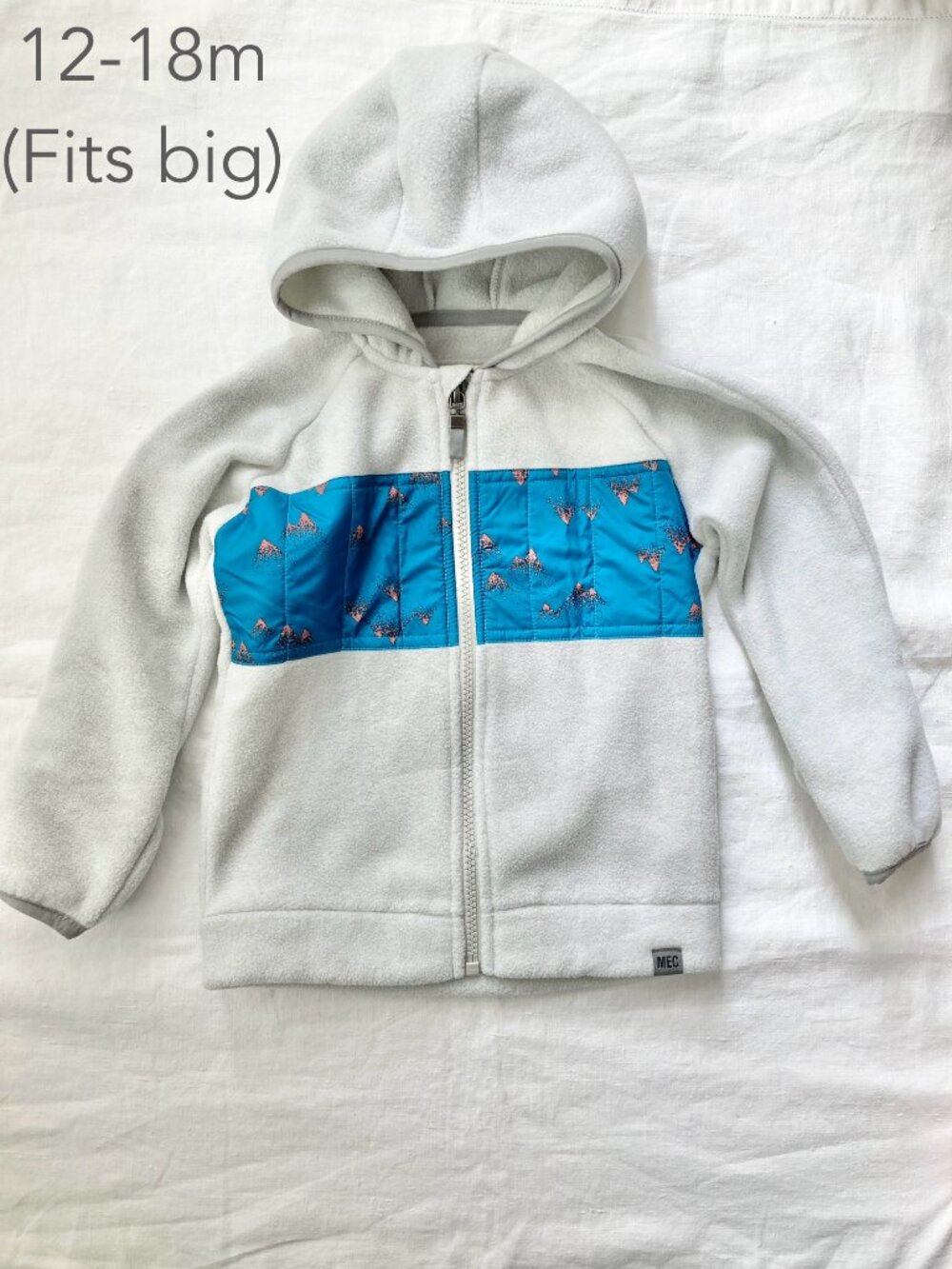 MEC 12-18 Months Baby Toddler Fleece Zip Hoodie Jacket Grey Blue Winter Fall